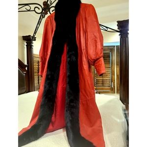 GENUINE LEATHER COAT BLACK FOX TRIM
